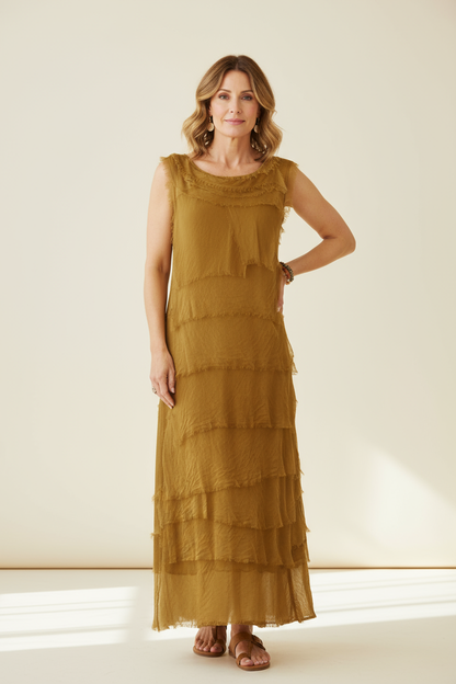 Sleeveless Frayed Detail Silk Midi