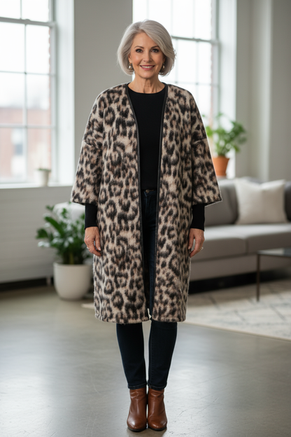 3/4 Sleeve Leopard Print Wool Coat