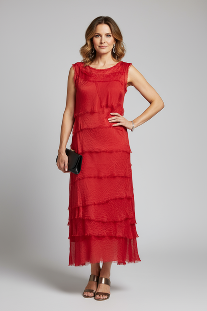 Sleeveless Frayed Detail Silk Midi