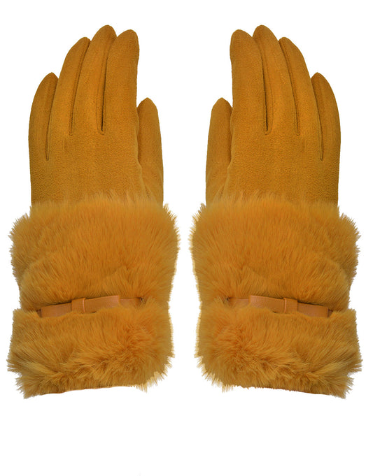 Faux Fur Bow Cuff Suede Gloves