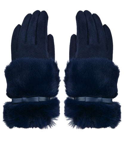 Faux Fur Bow Cuff Suede Gloves