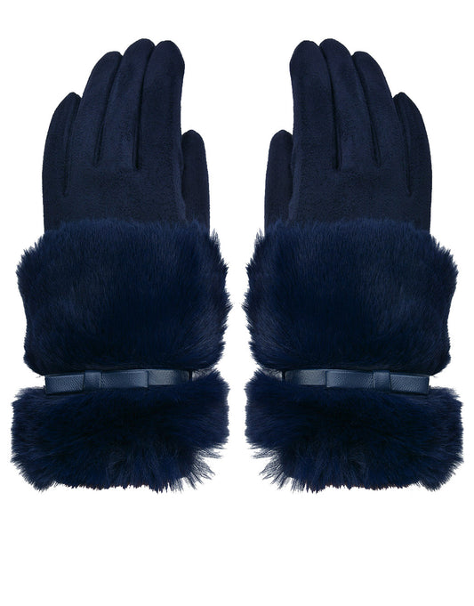 Faux Fur Bow Cuff Suede Gloves