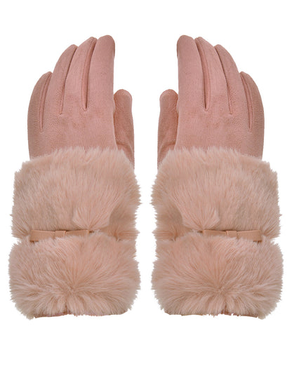 Faux Fur Bow Cuff Suede Gloves