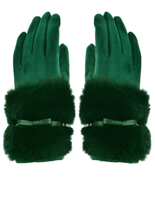 Faux Fur Bow Cuff Suede Gloves