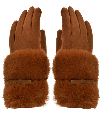 Faux Fur Bow Cuff Suede Gloves