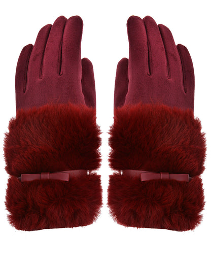 Faux Fur Bow Cuff Suede Gloves