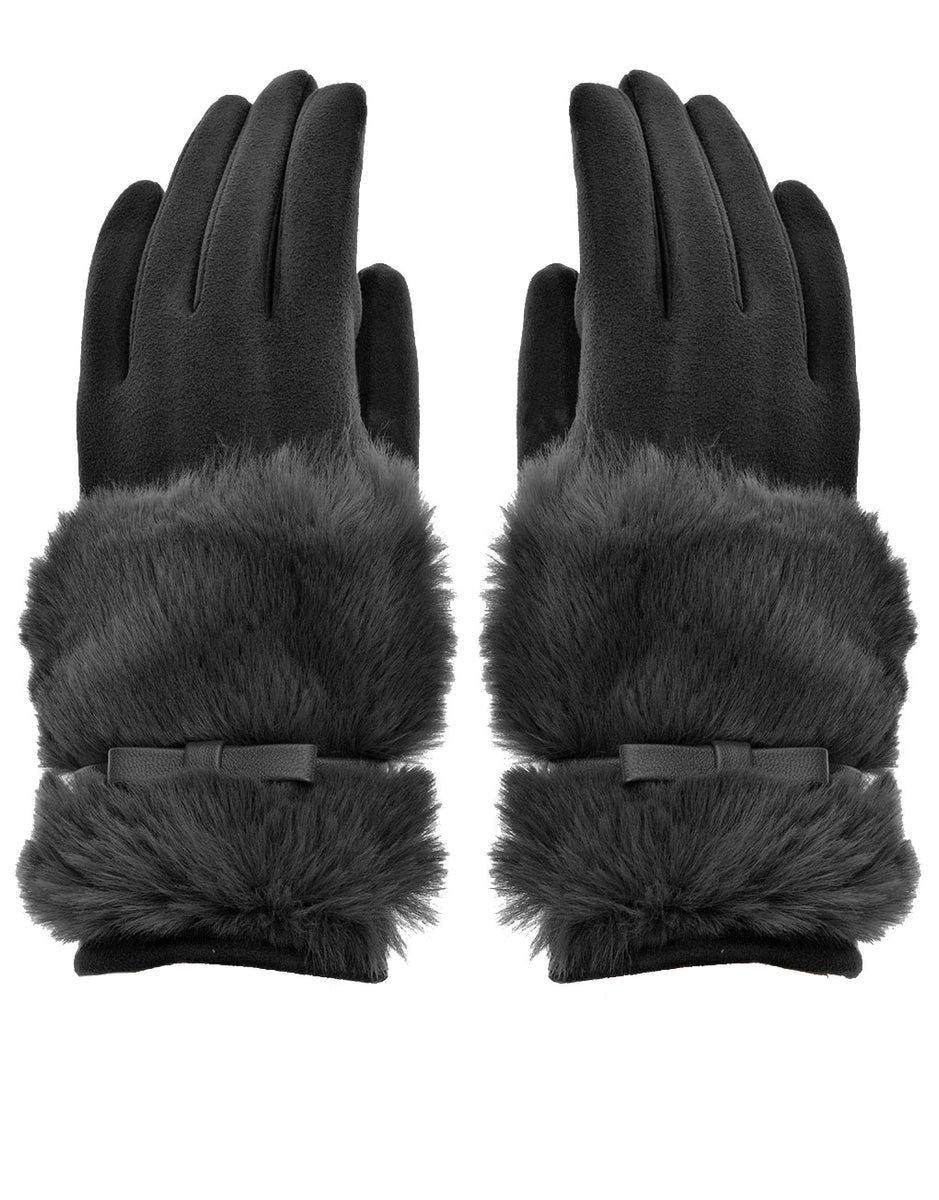 TEXTURE Ladies Womens Lagenlook Faux Fur Bow Cuff Suede Touch Gloves