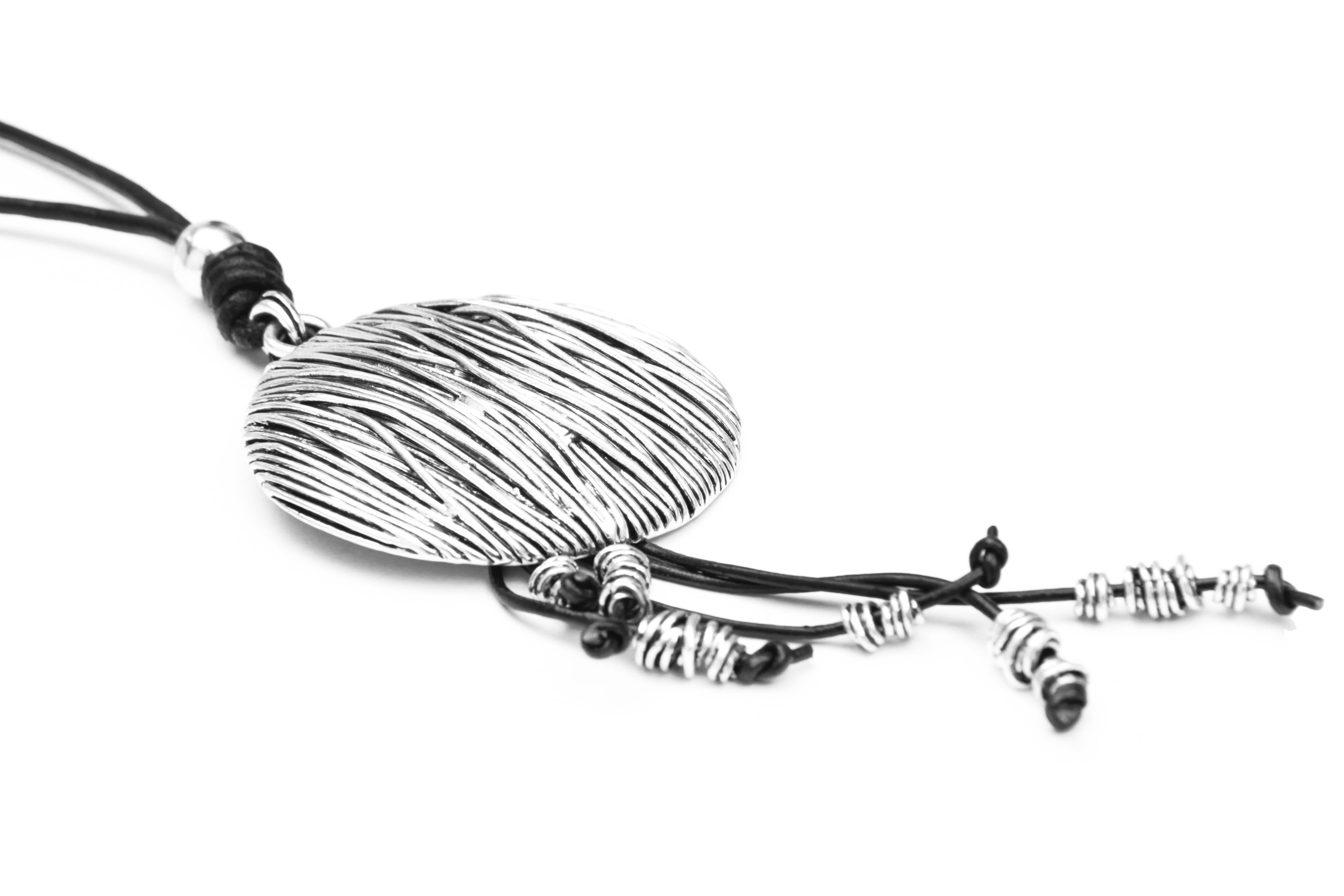 Lagenlook 6 Dangling Circle Strings Silver Leather Pendant Necklace ...