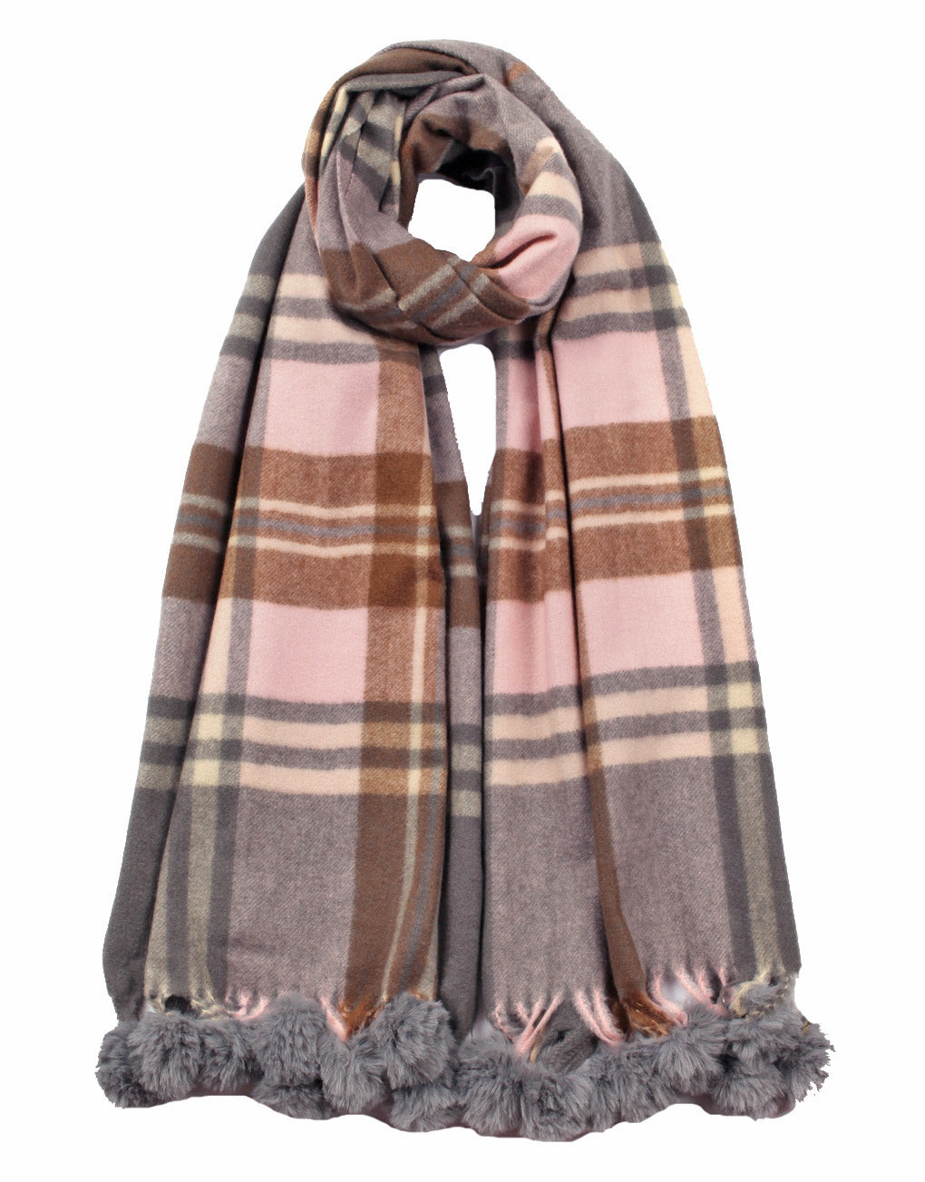 Check Faux Fur Pom Pom Cashmere Scarf