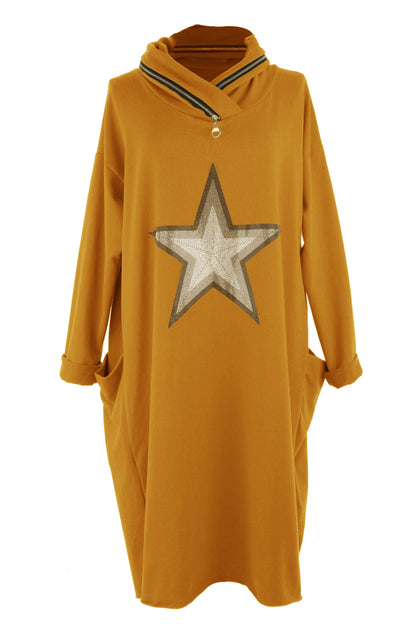 Cowl Zip Neck Star Dress