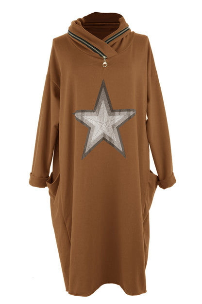 Cowl Zip Neck Star Dress