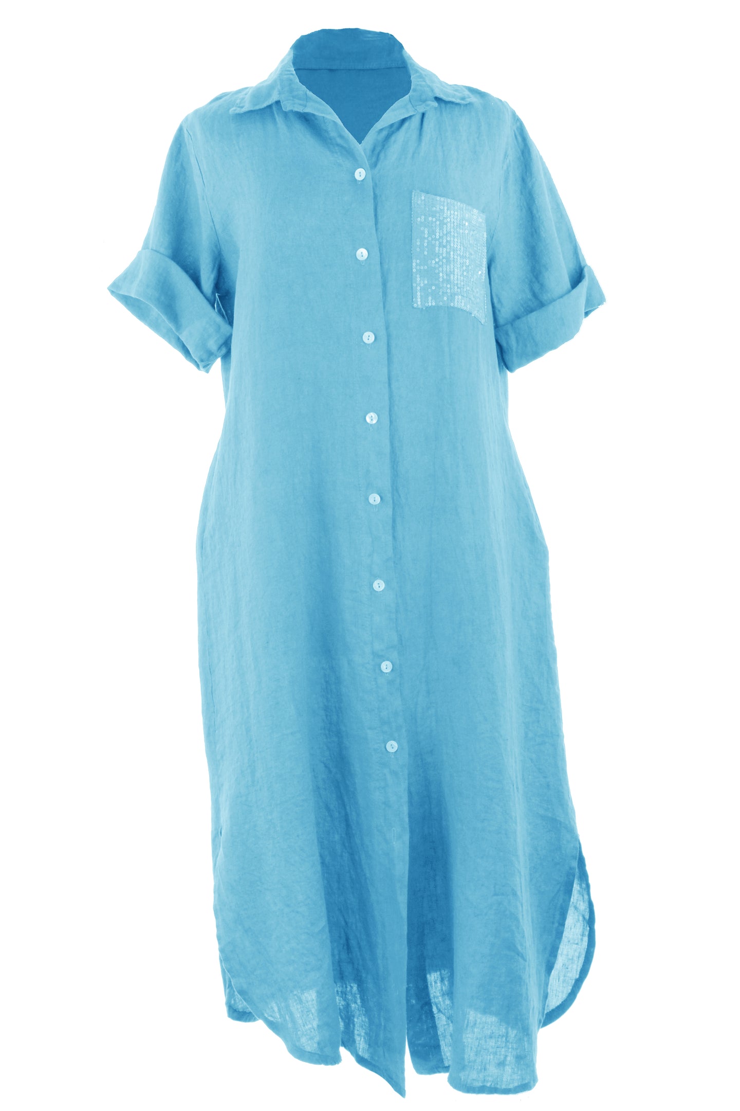 Sequin Pocket Linen Shirt Dress